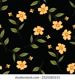 Floral pattern. Seamless background with different kinds of fabulous flowers, herbs, leaves on dark background. Beautiful Botanical texture, Vector.