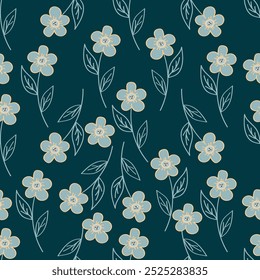 Floral pattern. Seamless background with different kinds of fabulous flowers, herbs, leaves on dark background. Beautiful Botanical texture, Vector.