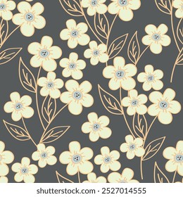 Floral pattern. Seamless background with different kinds of fabulous flowers, herbs, leaves on dark background. Beautiful Botanical texture, Vector.