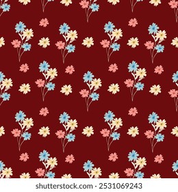 Floral pattern. Seamless background with different kinds of fabulous flowers, herbs, leaves on dark background. Beautiful Botanical texture, Vector.