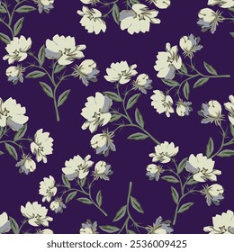 Floral pattern. Seamless background with different kinds of fabulous flowers, herbs, leaves on dark background. Beautiful Botanical texture, Vector.