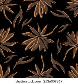 Floral pattern. Seamless background with different kinds of fabulous flowers, herbs, leaves on dark background. Beautiful Botanical texture, Vector.