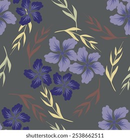 Patrón floral. Fondo sin fisuras con diferentes tipos de flores fabulosas, hierbas, hojas sobre fondo oscuro. Hermosa textura botánica, Vector.