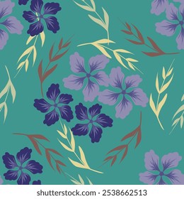 Patrón floral. Fondo sin fisuras con diferentes tipos de flores fabulosas, hierbas, hojas sobre fondo oscuro. Hermosa textura botánica, Vector.