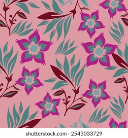 Patrón floral. Fondo sin fisuras con diferentes tipos de flores fabulosas, hierbas, hojas sobre fondo oscuro. Hermosa textura botánica, Vector.