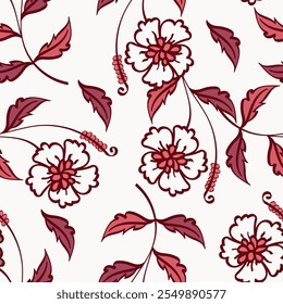 Patrón floral. Fondo sin fisuras con diferentes tipos de flores fabulosas, hierbas, hojas sobre fondo oscuro. Hermosa textura botánica, impresión de moda en colores naranja, rojo, verde. Vector.