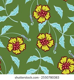 Patrón floral. Fondo sin fisuras con diferentes tipos de flores fabulosas, hierbas, hojas sobre fondo oscuro. Hermosa textura botánica, impresión de moda en colores naranja, rojo, verde. Vector.