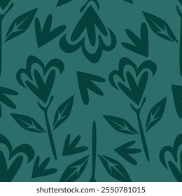 Patrón floral. Fondo sin fisuras con diferentes tipos de flores fabulosas, hierbas, hojas sobre fondo oscuro. Hermosa textura botánica, impresión de moda en colores naranja, rojo, verde. Vector.