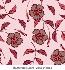 Patrón floral. Fondo sin fisuras con diferentes tipos de flores fabulosas, hierbas, hojas sobre fondo oscuro. Hermosa textura botánica, impresión de moda en colores naranja, rojo, verde. Vector.