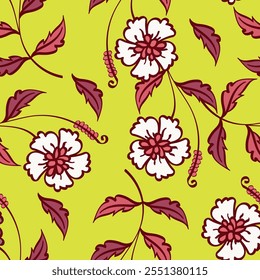 Patrón floral. Fondo sin fisuras con diferentes tipos de flores fabulosas, hierbas, hojas sobre fondo oscuro. Hermosa textura botánica, impresión de moda en colores naranja, rojo, verde. Vector.