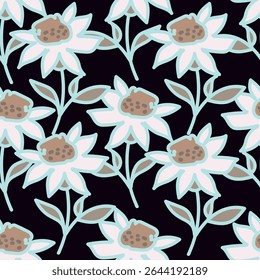 Padrão floral. Fundo perfeito com diferentes tipos de flores fabulosas, ervas, folhas no fundo escuro. Bela textura botânica, Vetor.