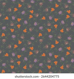 Padrão floral. Fundo perfeito com diferentes tipos de flores fabulosas, ervas, folhas no fundo escuro. Bela textura botânica, Vetor.