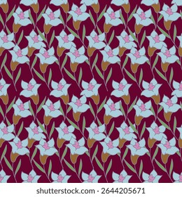 Padrão floral. Fundo perfeito com diferentes tipos de flores fabulosas, ervas, folhas no fundo escuro. Bela textura botânica, Vetor.