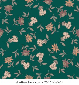 Padrão floral. Fundo perfeito com diferentes tipos de flores fabulosas, ervas, folhas no fundo escuro. Bela textura botânica, Vetor.