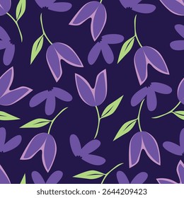 Padrão floral. Fundo perfeito com diferentes tipos de flores fabulosas, ervas, folhas no fundo escuro. Bela textura botânica, Vetor.