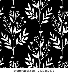 Floral pattern, seamless black and white print. Plants vector illustration