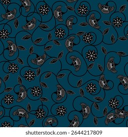 Floral pattern seamless black and white on dark blue ,flower seamless pattern ,flowers pattern design Seamless flower pattern with colorful little flowers. Simple flat bright flowers background