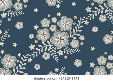 Floral pattern seamless. Blue flowers Ikat design paisley embroidery with floral motifs. Ethnic pattern oriental traditional. Ikat pattern seamless vector illustration. 