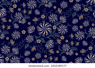 Blumenmuster nahtlos. Blaue Blumen Ikat Design Paisley Stickerei Motive. Ethnische Zugehörigkeit orientalische traditionelle Vektorillustration. 