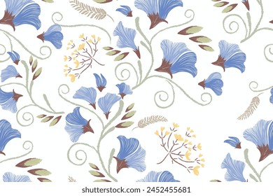 Blumenmuster nahtlos. Blaue Erbse Blumen Ikat Design Paisley Stickerei Motive. Ethnische Zugehörigkeit orientalische traditionelle Vektorillustration. 