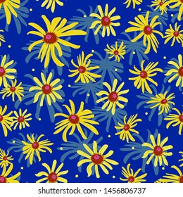 The floral pattern is seamless. Bright yellow flowers on a blue background. For fabric, textile, Wallpaper, wrapping paper, background, tablecloth.