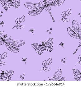 
Floral pattern, seamless, chamomile field, leaves and butterflies, wildflowers. For fabric and printed products, notebook covers. Children's print, wallpaper. Vector illustration.