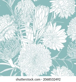 Floral pattern seamless. Decorative wallpaper with garden flowers and leaves on mint background.