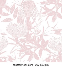 Patrón floral sin fisuras. Papel pintado decorativo con flores de protea tropical y hojas de monstera de palma, iluminación rosa sobre fondo blanco.