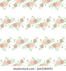 Floral pattern, seamless design, cute bouquet. Pastel pink and green flowers and leaves in rows on white. Perfect for fabric, wallpaper, wrapping paper.