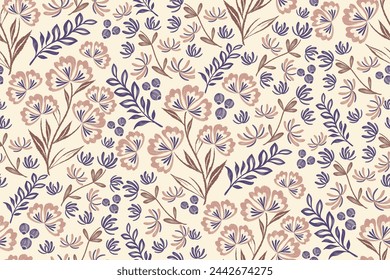 Floral pattern seamless embroidery background border. Pink blue Flower motif. Vintage minimal style vector illustration. Hand drawn