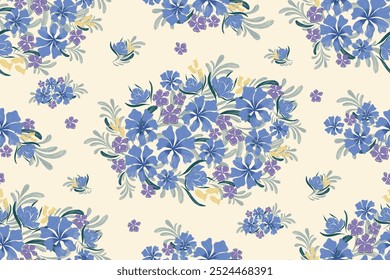 Floral pattern seamless embroidery background border. Blue Flower motif. Vintage minimal style vector illustration. Hand drawn