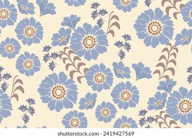 Floral pattern seamless embroidery ethnic batik vintage. Blue Flower motifs paisley batik print template. flowers ikat design hand drawn. Vector illustration.