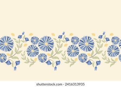 Floral pattern seamless embroidery on white background. Silhouette Blue flower motif border style abstract vector illustration vintage design for textiles.