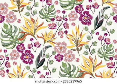 Floral pattern seamless embroidery tropical flowers tropical design vector illustration hand drawn batik background border colourful wallpaper on white background