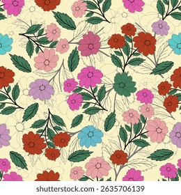 Padrão floral sem emenda, ramos de flores padrão sem emenda, vetor, ilustração, design de padrão de flores Padrão de flores sem emenda com flores pequenas coloridas. Plano simples fundo de flores brilhantes