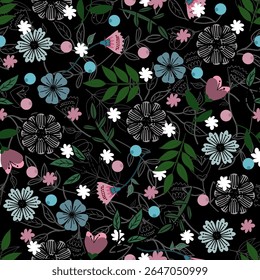 Padrão floral sem emenda, ramos de flores padrão sem emenda, vetor, ilustração, design de padrão de flores Padrão de flores sem emenda com flores pequenas coloridas. Plano simples fundo de flores brilhantes