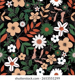 Blumenmuster nahtlos, Blütenzweige nahtloses Muster, Ästhetik, Blumen Muster Design Nahtloses Blumenmuster mit bunten kleinen Blumen. Einfache flache helle Blumen Hintergrund