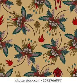 Patrón floral sin fisuras, ramas de flores sin fisuras patrón, estético, diseño de patrón de flores jacobeas Patrón de flores sin fisuras con flores pequeñas de colores. Fondo plano simple de flores brillantes