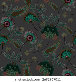 Blumenmuster nahtlos, Blumenzweige nahtlos Muster, ästhetisch, Jacobean Blumen Muster Design Nahtloses Blumenmuster mit bunten kleinen Blumen. Einfache flache helle Blumen Hintergrund