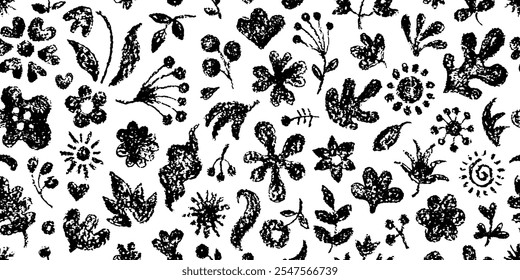 Floral pattern. Seamless flower crayon hand drawn abstract vector. Black brush background. Pencil plant silhouette. Black white pattern design. Organic floral illustration, texture. Simple paint bloom