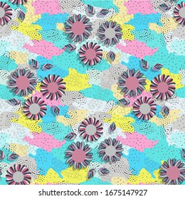 Floral pattern seamless geometric -vector illustration. Background of multicolored spots with different textures, childrens pattern