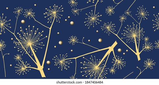 
Floral pattern, seamless, gold pattern on dark blue background for creating textiles, wallpaper, paper. Vector Illustration