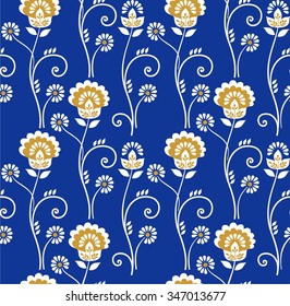 Floral pattern, seamless, Golden flowers on a blue background. The white and gold flowers and swirls on a blue background. Vector seamless background. For the decoration. 