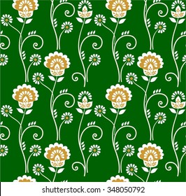 Floral pattern, seamless, Golden flowers on a green background. The white and gold flowers and swirls on a green background. Vector seamless background. For the decoration. 