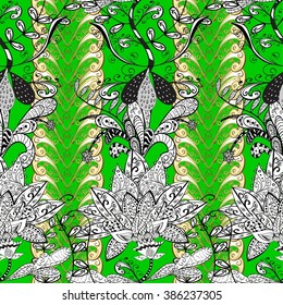 Floral pattern, seamless, Golden pattern on a green background. The white and gold flowers and swirls on a green background. Vector seamless background. For the decoration.