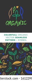 Floral pattern with seamless hand drawn ornaments. Healthy food badge. Natural food label tag design. Vector logo design template and emblem for bio chocolate, coffee shop, eco banner. Green concept.