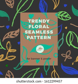 Floral pattern with seamless hand drawn ornaments. Healthy food badge. Natural food label tag design. Vector logo design template and emblem for bio chocolate, coffee shop, eco banner. Green concept.