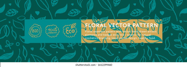 Floral pattern with seamless hand drawn ornaments. Healthy food badge. Natural food label tag design. Vector logo design template and emblem for bio chocolate, coffee shop, eco banner. Green concept.