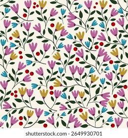 Patrón floral sin fisuras dibujado a mano diferencia de flores patrón sin fisuras, Diseño estético del patrón de flores, Patrón de flores sin fisuras multicolor, Flores coloridas vivas, Fondo de flores plano simple