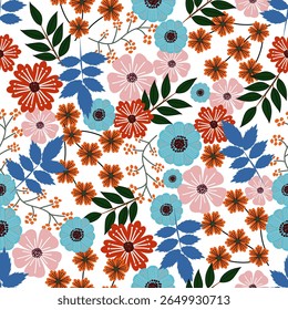 Floral pattern seamless hand drawn difference flower seamless pattern ,Aesthetic flowers pattern design ,Multicolored seamless flower pattern ,Vivid colorful flowers, Simple flat flowers background